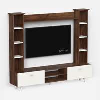 Meuble TV design moderne en bois d'ingénierie Pinn avec étagères pour décodeur, unité de divertissement, livres et décoration.