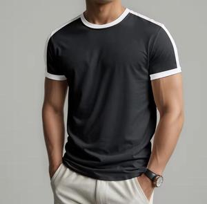T-shirt Homme Manches Courtes Col Rond Coupe Slim Décontracté Couleur Unie Bordure Contrastante Tricoté 100% Coton Écologique Logo Avant - Product Image 1
