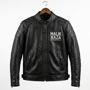 แจ็คเก็ตหนังสีดำสำหรับผู้ชาย Malik Raza แขนยาว กันลม พิมพ์ลายโลโก้ด้านหน้า ใส่ได้ทุกฤดู - Product Image 4