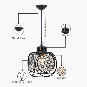 Lampe suspendue murale décorative en fil métallique pour la maison, finition noire, perles de cristal décoratives, pendentif rond - Product Image 5