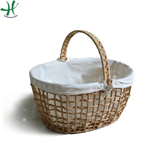 Country-Style Woven Water Hyacinth <b>Picnic</b> <b>Basket</b> with Handles Fabric and Metal for Kitchen Use and Outdoor <b>Picnics</b> - Product Image 2