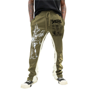 Men's Olive Green Printed Sweatpants With <b>White</b> Graphic Side Stripe Elastic Waist Street Style <b>Joggers</b> - Product Image 3