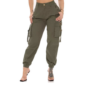Pantalon cargo d'hiver en molleton brodé vert olive pour femme, taille haute, cordon élastique, coupe régulière, longueur intégrale, couleur unie - Product Image 5