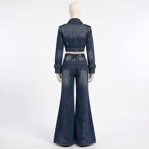 <b>Womens</b> <b>Dark</b> <b>Blue</b> Denim Two Piece Set Cropped Double Breasted Jacket Wide Leg <b>Jeans</b> Belt Custom OEM ODM Wholesale Manufacturer - Product Image 4