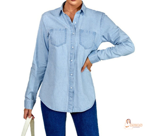 Chemise boutonnée en coton bleu clair pour femme, manches longues, couleur unie, coupe décontractée ample avec poches, toutes saisons - Product Image 1