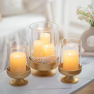 <b>Candle</b> Holders for Pillar <b>Candles</b> Gold <b>Large</b> Holders with Hurricane Glass Sleeve for Outdoor Brass Stands Set of 3 for Fireplace - Product Image 4