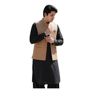 <b>Men's</b> Traditional Cotton <b>Kurta</b> With Beige Waistcoat For Wedding India Pakistan Style Regular Fit Floor Length Adult Wear - Product Image 3