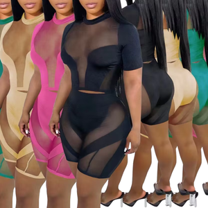 Womens <b>Two</b> <b>Piece</b> Solid Sheer <b>Mesh</b> Regular Fit Three-quarter Sleeve Crop Top and Biker Shorts Clubwear Summer OEM ODM Wholesale - Product Image 2