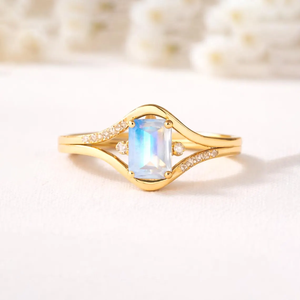 Moonstone <b>Emerald</b> Cut <b>Ring</b> Split Shank June Birthstone <b>Ring</b> 925 Sterling <b>Silver</b> 18K Gold Filled Minimalist Statement Jewelry - Product Image 2