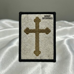 Custom Machine Embroidered Iron On Cross Patch religious symbol with golden rays <b>light</b> blue background black border for garments - Product Image 4