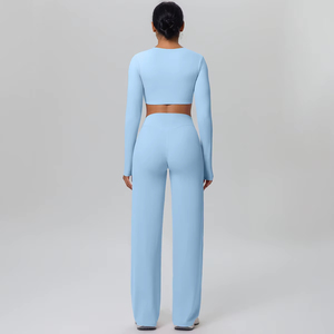 Conjunto de Yoga de 2 Piezas para Mujer, Color Azul Claro, Top Corto sin Mangas, Pantalones Largos de Cintura Media, Sin Costuras, de Spandex y Poliéster, a Cuadros, de Secado Rápido - Product Image 1