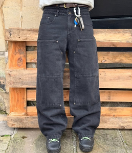 Pantalones Cargo de Mezclilla para Hombre, Lavado Oscuro, Cintura Alta, Corte Holgado, Estilo Utilitario, Algodón de Peso Medio, Color Sólido, para Otoño - Product Image 4