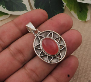 Pendentif en jade rose naturel, argent sterling 925 plaqué platine, collier vintage fait main avec pierres précieuses, bijoux artisanaux de luxe unisexe - Product Image 2