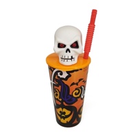 Gobelet Citrouille d'Halloween avec Couvercle Chapeau de Sorcière et Paille pour Fête d'Enfants, Tasse en Plastique Réutilisable, Design Cartoon
