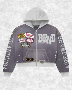 BRAND Full <b>Zip</b> Hoodie Black Grey Fleece Streetwear Plus Size Badge Printed Autumn Adult Regular Sleeve - Product Image 3