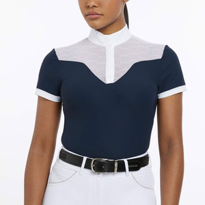Camisa de equitación azul marino para mujer, manga corta, cuello alto, con bloques de color, transpirable, tejido de punto. - Product Image 1