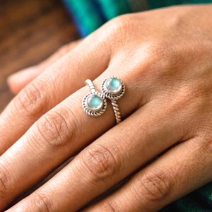 Rainbow Moonstone Natural <b>Stone</b> Bezel Setting Classic 14k Gold Plated 925 Sterling <b>Silver</b> Dual Gemstone Wedding Promise <b>Ring</b> - Product Image 3
