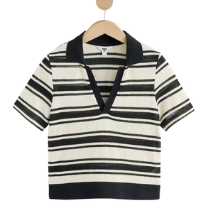 Women's <b>Black</b> Ecru Stripe Knitlook Short Sleeve Sweet for Shirts Casual Lightweight Knitted <b>Top</b> Daily Smart Wear Trendy - Product Image 3