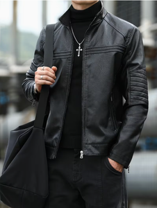 <b>Men's</b> Casual Black Cow Skin <b>Leather</b> Bomber <b>Jacket</b> Stand Collar Zipper Closure Slim Fit Regular Sleeve Solid Color Winter Custom - Product Image 1