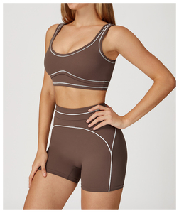 Sujetador deportivo de color liso para mujer con cuello redondo, soporte medio, para yoga y ropa deportiva, con tirantes finos, costuras en contraste y transpirable. - Product Image 3