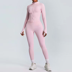 Ensemble de vêtements de sport pour femme, 2 pièces, coupe ajustée, veste à manches longues, course à pied, extérieur, vêtements de sport, cordon de serrage, évacuation de l'humidité - Product Image 1