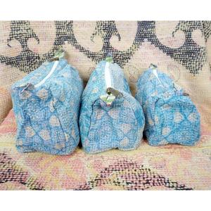 Indian kantha hand block print cotton cosmetic bag Makeup pouch set of three Accessory case Women's travel bag Handmade Kantha - Product Image 2