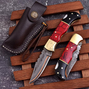 Hot Selling San-Mai Copper Damascus Steel Folding Knife Back <b>Lock</b> Turquoise Style Resin Handle Sheath EDC Camping Pocket Knife - Product Image 2