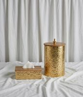 Boîte à mouchoirs de luxe dorée gaufrée, écologique, grande et personnalisée, avec ensemble poubelle assorti et couvercle en bois, pour la décoration intérieure