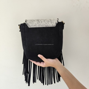 Bolso bandolera de cuero genuino con flecos de pelo de vaca estilo gitano, bolso de hombro bohemio para mujer, estilo western, personalizado OEM, bolso rústico de vaquera. - Product Image 4