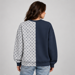 เสื้อสเวตเชิ้ตคอกลมแขนยาวทรงหลวมสีน้ำเงินเข้มและเทาอ่อนลายจุดสำหรับผู้หญิง แบบสั่งทำพิเศษ - Product Image 2