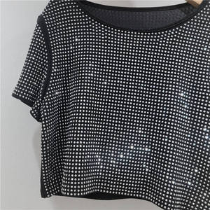 <b>Women's</b> <b>Sequined</b> Crop <b>Top</b> O-Neck Short Sleeve Loose Fit Solid Color Knitted T-Shirt Breathable Spring Summer Wear - Product Image 2