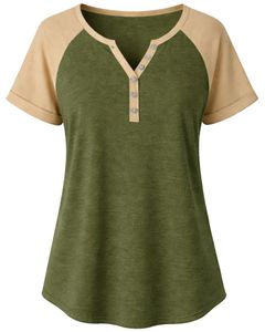 Olive Green Beige Women TShirt Short Sleeve Henley Neck Raglan Top Soft Cotton Casual Loose Fit Summer Tee Breathable Daily Wear - Product Image 1