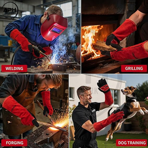 Guantes de Soldador de Cuero Vacuno Rojo Brillante con Palma Acolchada Negra, Resistentes al Calor, Puño Extendido, Equipo de Protección Industrial de Alta Resistencia - Product Image 6