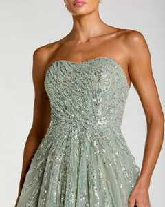 Champagne Strapless Beaded Mermaid <b>Ball</b> <b>Gown</b> Floor-Length Elegant Dress Built-in Bra Anti-Wrinkle Floral Pattern 100% Polyester - Product Image 6