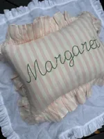 Housse de coussin à rayures larges violettes mauve, à rayures verticales, à volants, en lin, imprimé en bloc, pour coussin décoratif, style moderne et campagnard, pour literie.