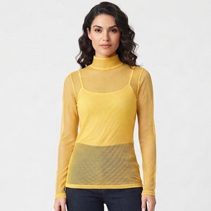 Camiseta de manga larga de malla transparente para mujer, cuello alto, ajuste ceñido, transpirable, para verano y playa, camiseta transparente para mujer - Product Image 1