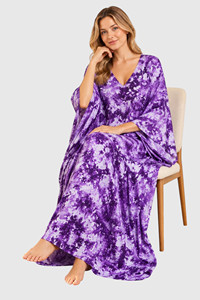 Robe kaftan tie-dye violette pour femme, col en V, manches trois quarts, longue et fluide, robe de plage - Product Image 2