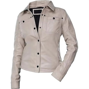 Veste en cuir beige pour femme, manches longues, coupe-vent, toutes saisons, vêtements de moto - Product Image 1