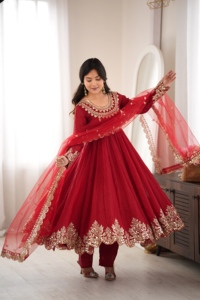 Crush Silk Sequence Embroidery Anarkali <b>Top</b> Suit Set With Stitched Micro Cotton Pant And <b>Net</b> Lace Border For Women HI 1723 - Product Image 1