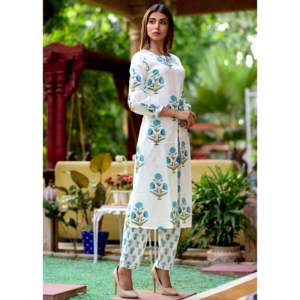 Ensemble Kurta multi-pièces en coton/bambou respirant blanc pour femmes, taille XS - Product Image 3