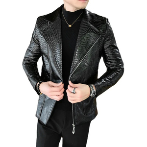 Veste en cuir PU noir pour homme, style motard, effet crocodile, col rabattu, fermeture éclair, coupe ajustée, pour l'automne - Product Image 1