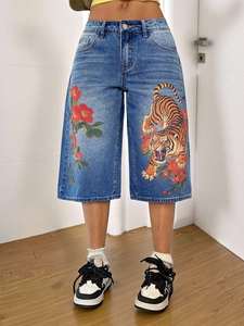 Jeans de Verano para Mujer, Estilo Y2K, Estampado Digital Floral de Tigre, Transpirables, Sueltos, Corte Recto, Cintura Baja, Lavado a la Piedra - Product Image 4
