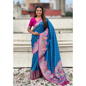 Sari de Seda Darbari Azul Elite Weaves con Tejido Zari, Ropa India y Pakistaní, 700g - Product Image 6