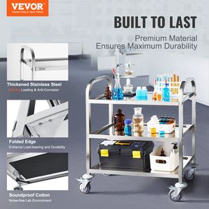 Carrello Multiuso a 3 Ripiani in Acciaio Inox, Capacità 400 Libbre, con Ruote Universali Bloccabili per Laboratorio e Clinica - Product Image 2