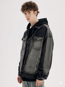 Veste en jean délavé pour homme, à capuche, col rabattu, fermeture à boutons simple, style décontracté, pour l'automne - Product Image 2