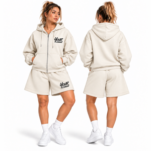 Wholesale New <b>Women's</b> Casual Short Hoodie <b>Set</b> 100% Cotton Custom Embroidery Oversize <b>2</b> <b>Piece</b> <b>Women</b> Zipper Hoodies Shorts <b>Set</b> - Product Image 6