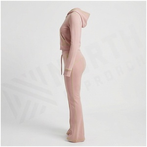 Women <b>Pink</b> Hooded Tracksuit Set Full Length Zipper <b>Sweatshirt</b> & Jogger Pants Solid Color Casual Loose Fit Spring Wear - Product Image 3