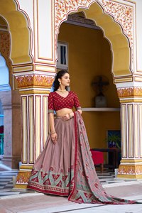 New Designer Fully Stitched Tussar Silk Printed Foil Print Lehenga Choli <b>Set</b> South Indian Style Party Wedding Wear Ready To Wear - Product Image 2