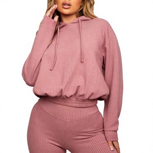 <b>Women's</b> Hooded Waffle Knit Sweatshirt Solid <b>Pink</b> Long Sleeve Pullover Casual Autumn <b>Top</b> - Product Image 1