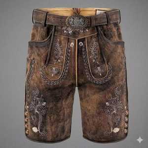 Shorts bavarois pour hommes, taille haute, motif floral brodé, fermeture boutonnée, longueur bermuda, style décontracté, en toile - Product Image 1